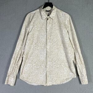 Express Men’s Paisley Button‎ Down Dress Shirt Large 100% Cotton Beige White